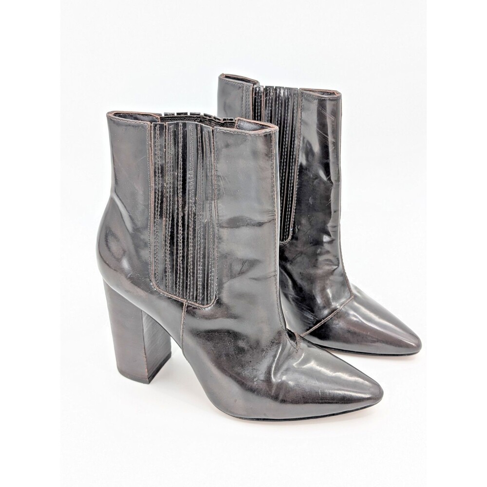 Pour La Victoire Brown Patent Leather Almond Zip Ankle 4.5" Heel Boots Size 10